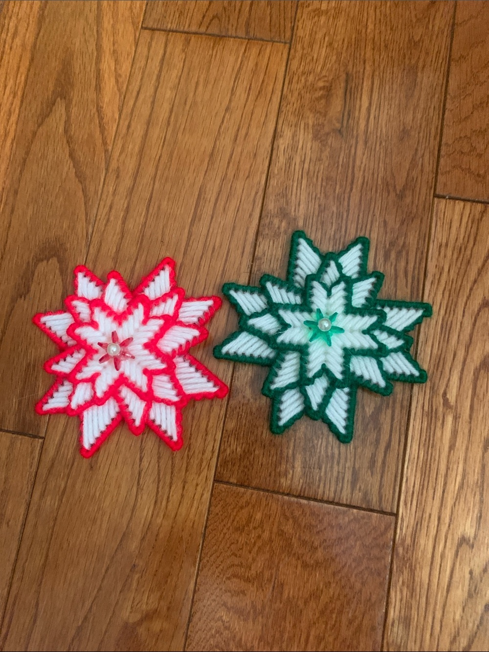 Handmade Crochet Star Coasters - Red & Green Trim